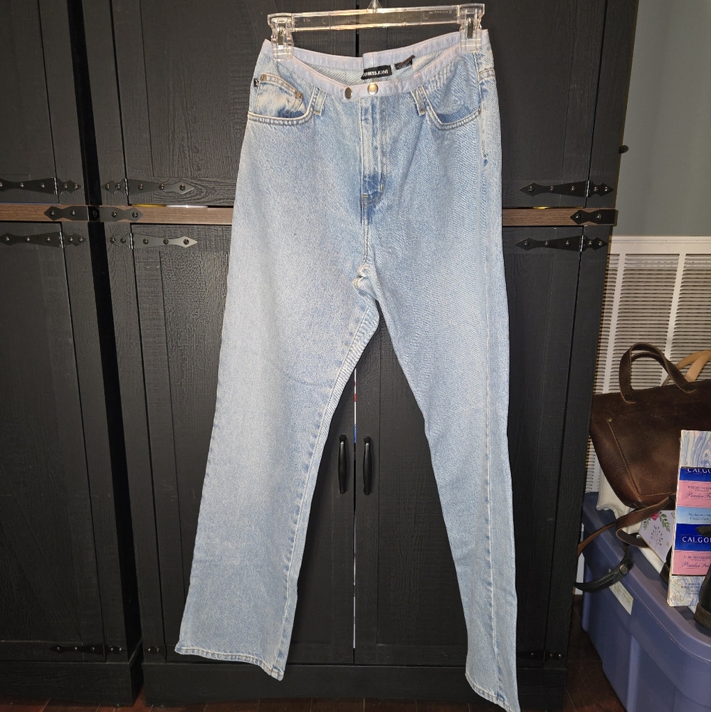 Vintage Express Y2K Style Jeans With Light Blue Leather Detail Sz10